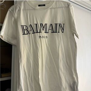 Balmain Cream Short-Sleeve Logo Tee with Black Print